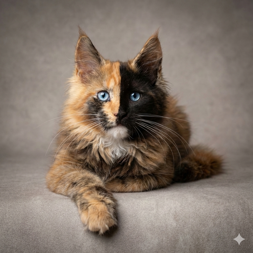 Split Face Tortie European Maine Coon Kitten Chimera